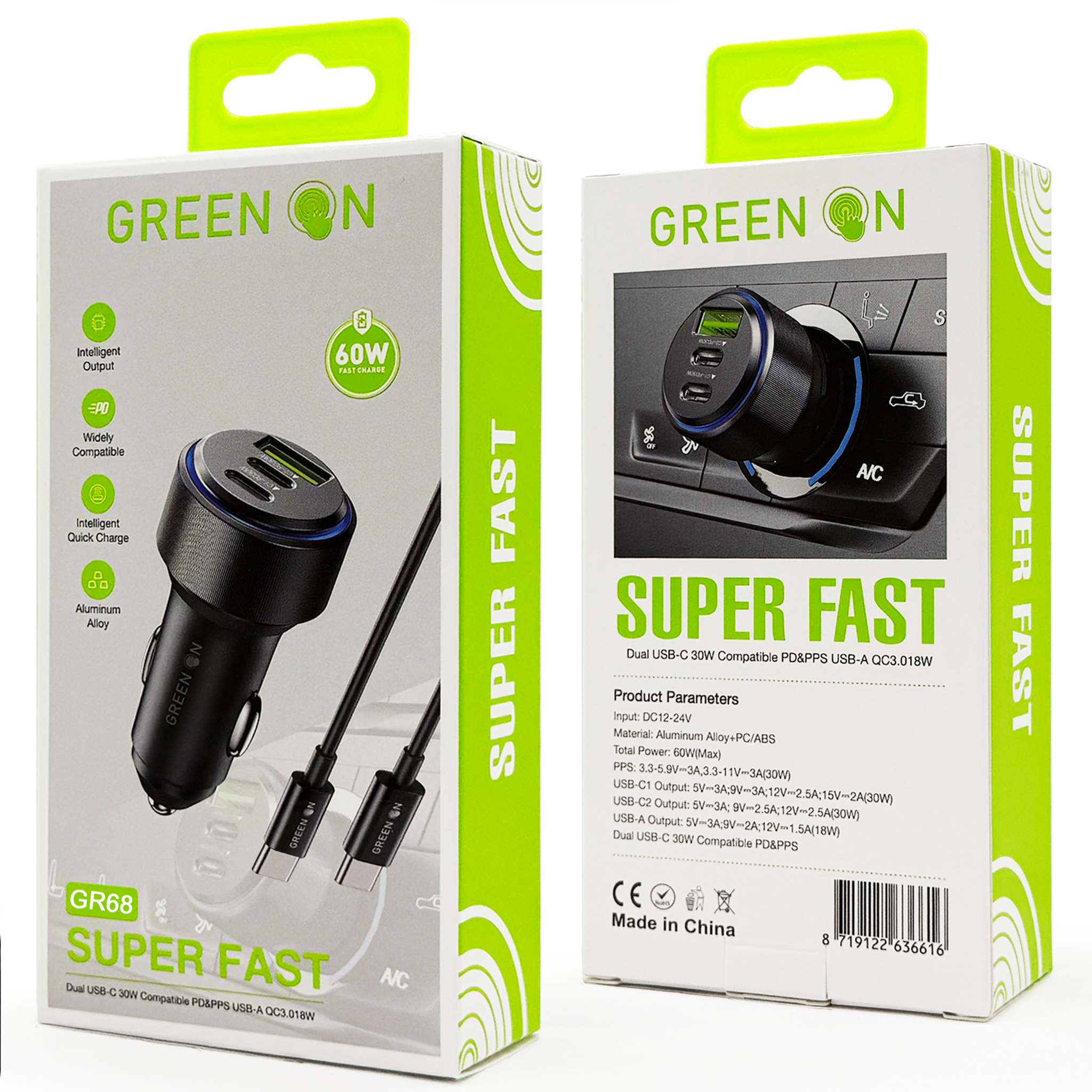 GREEN ON Super Fast Car Charger 60W + USB-C to USB-C 1M Cable GR68, foto 3 van 3