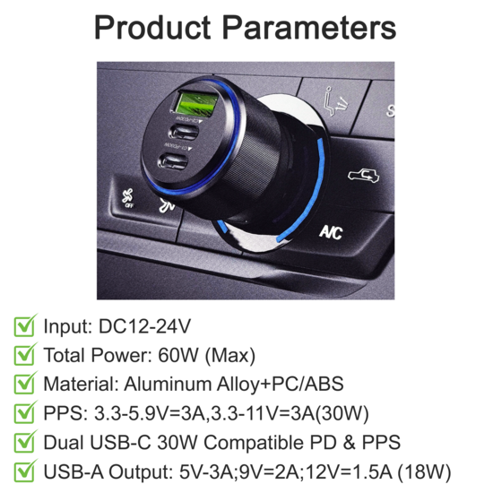 GREEN ON Super Fast Car Charger 60W + USB-C to USB-C 1M Cable GR68