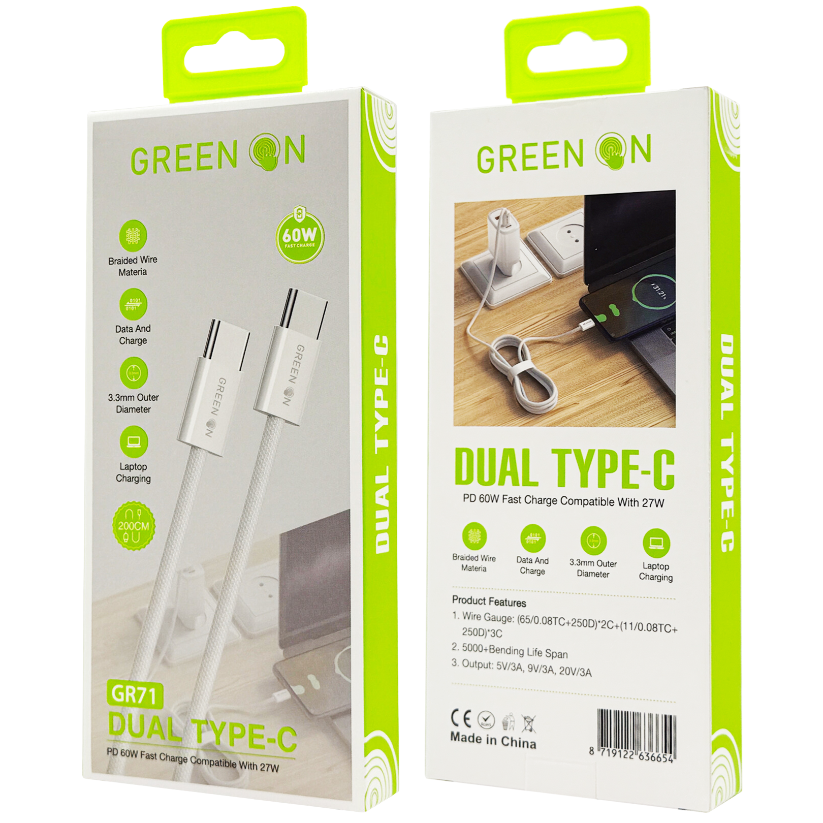 GREEN ON Braided Wire USB-C to USB-C Cable 60W 2M GR71, foto 2 van 6