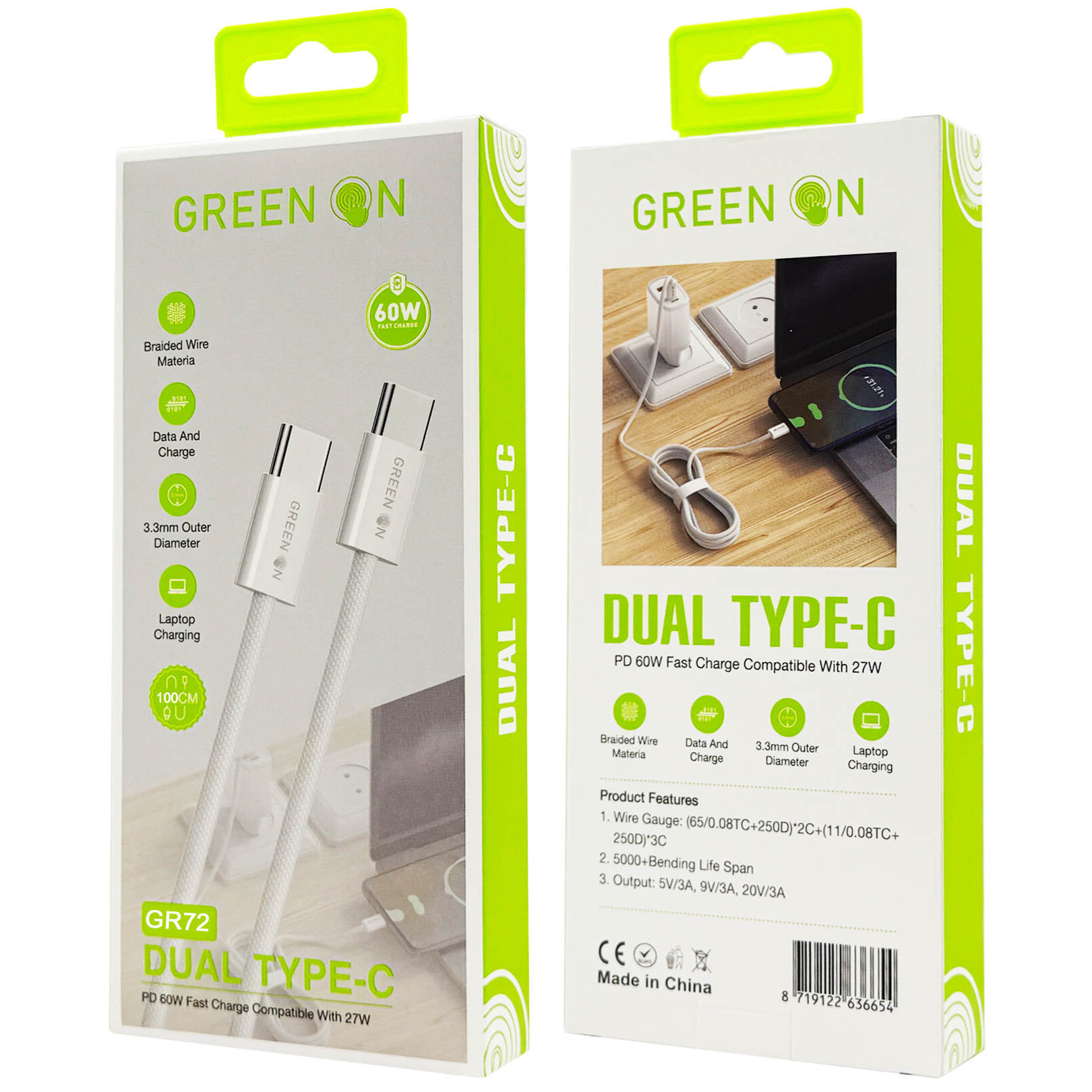 GREEN ON Braided Wire USB-C to USB-C Cable 60W 1.2M GR72