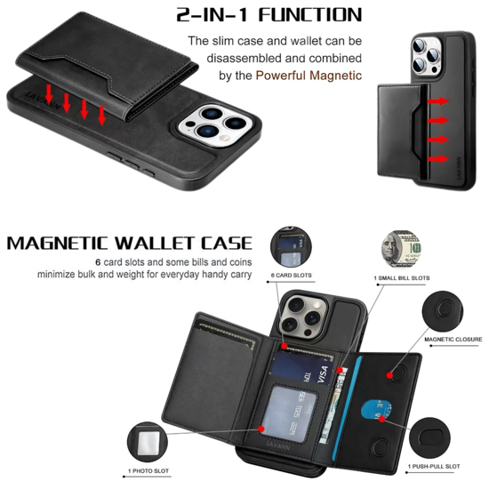 Lavann Magnetic Leather Wallet Back case 2 in 1 For IPhone 16 Pro