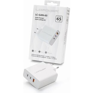 3-in-1 Fast Charger GaN 65W with 2x USB-C and 1x USB-A White