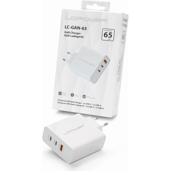 LC Power 3-in-1 Fast Charger GaN 65W with 2x USB-C and 1x USB-A White