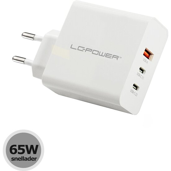 LC Power 3-in-1 Fast Charger GaN 65W with 2x USB-C and 1x USB-A White