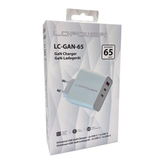 LC Power 3-in-1 Fast Charger GaN 65W with 2x USB-C and 1x USB-A White
