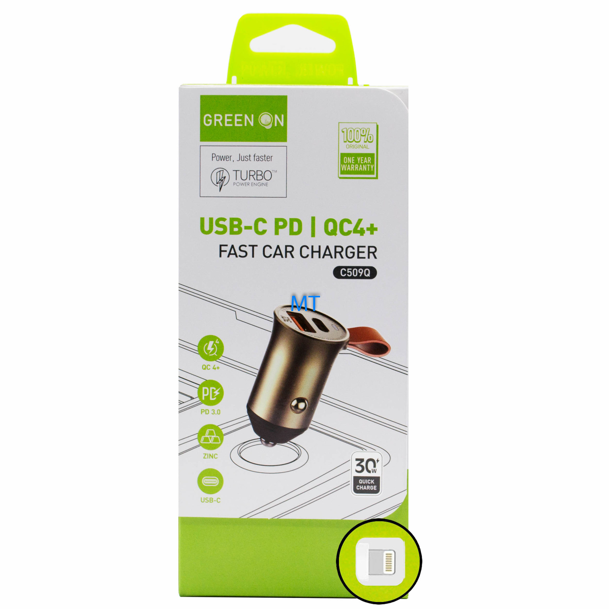 GREEN ON USB To USB Lightning Fast Car Charger C509Q, foto 5 van 6