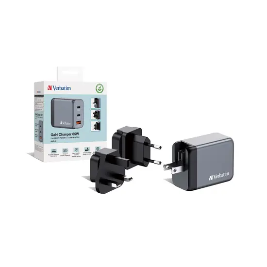 Verbatim 65W GaN Power Adapter 2 x USB-C PD 65 W / 1 x USB-A QC 3.0 (EU/UK/US)