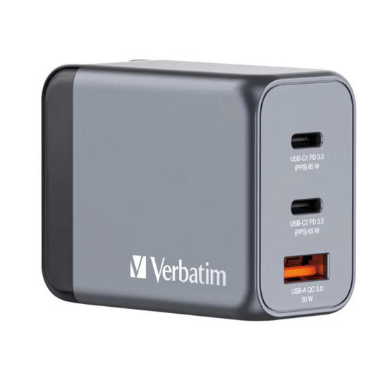 Verbatim 65W GaN Power Adapter 2 x USB-C PD 65 W / 1 x USB-A QC 3.0 (EU/UK/US)