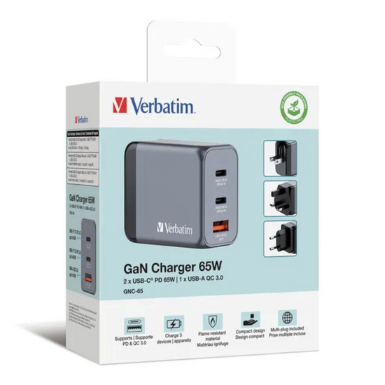 Verbatim 65W GaN Power Adapter 2 x USB-C PD 65 W / 1 x USB-A QC 3.0 (EU/UK/US)