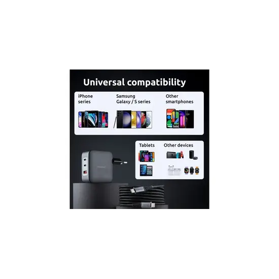 Intenso GaN Power Adapter W100ACC with 2 M USB-C Cable  - 100 Watt PD 3.0 / QC 5.0