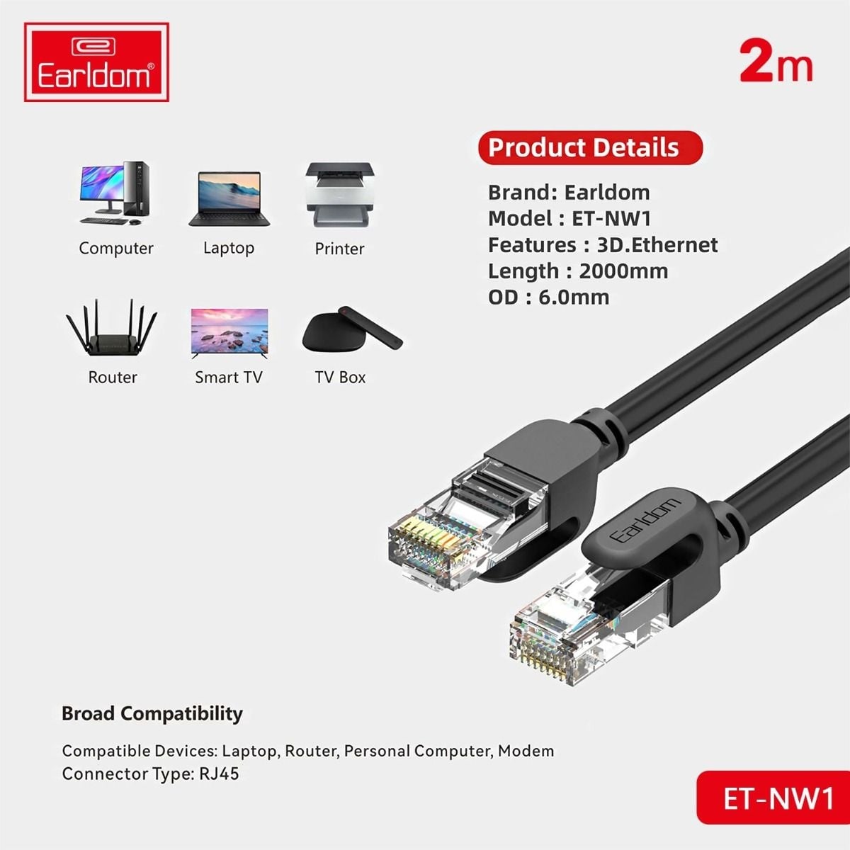 Earldom Ethernet Network Cable 2 Meter NW1, foto 2 van 4