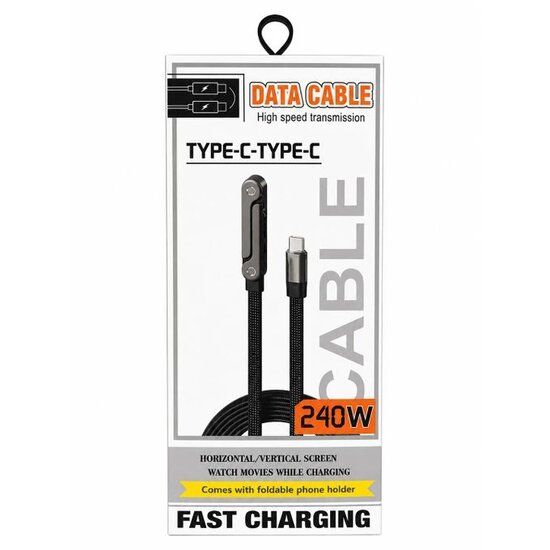 USB C To USB C - 240W High Speed cable With Foldable Phone Holder Black