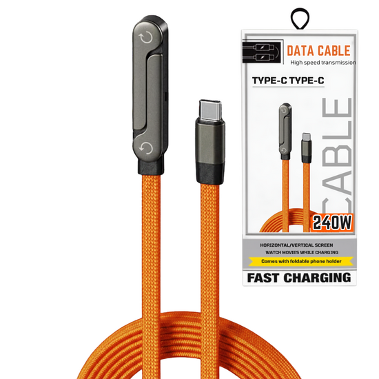 USB C To USB C - 240W High Speed cable With Foldable Phone Holder Orange