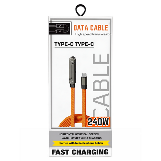 USB C To USB C - 240W High Speed cable With Foldable Phone Holder Orange