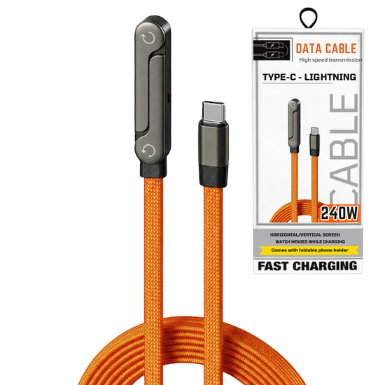 USB C To Lightning - 240W High Speed cable With Foldable Phone Holder Orange