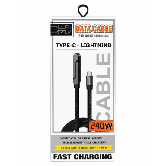 USB C To Lightning - 240W High Speed cable With Foldable Phone Holder Black