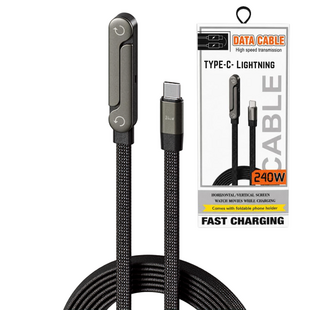 USB C To Lightning - 240W High Speed cable With Foldable Phone Holder Black