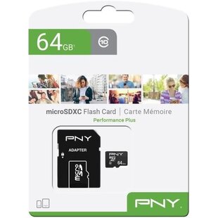 PNY Performance Plus C10 MicroSDXC 64GB, met SD-adapter