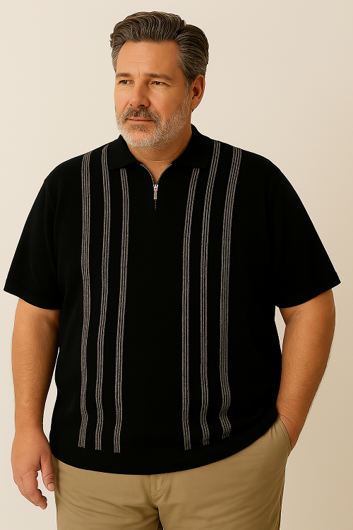 Espionage Grote maten Gebreide Zwarte Polo met strepen  3XL-5XL
