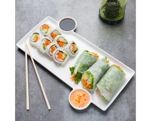 Sushi plate 33x23x1,3 cm with 2 built-in sauce cups