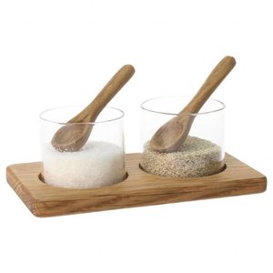 M & T  Wooden base with 2 mini glass pots