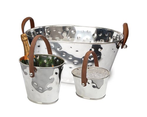 M & T  Ice bucket hammered s/s  with brown leatherette handle