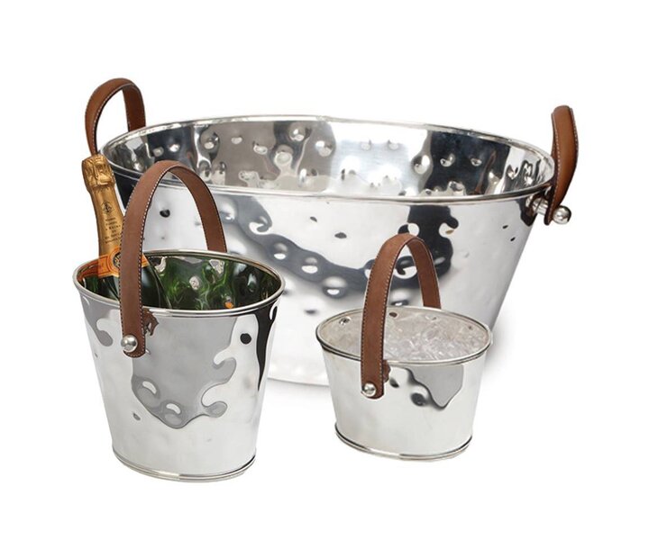 M&T Ice bucket hammered s/s  with brown leatherette handle