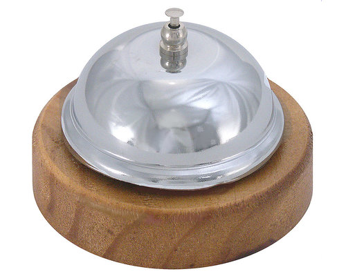 M&T Sonette de réception en metal cuivré sur socle en bois