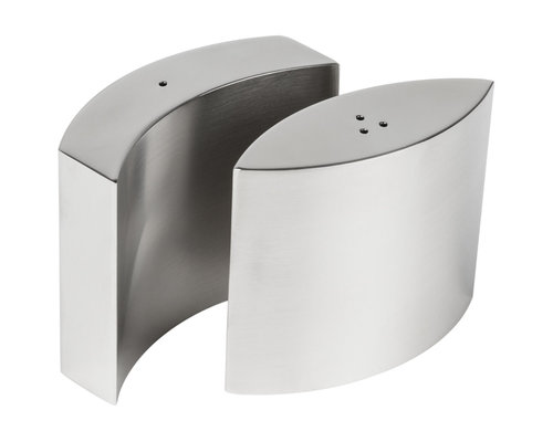 M & T  Salt -and pepper shaker set satin stainless steel embracing  shape