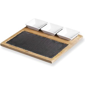 M & T  Planche ardoise & bambou avec 3 pots céramique pour sauce