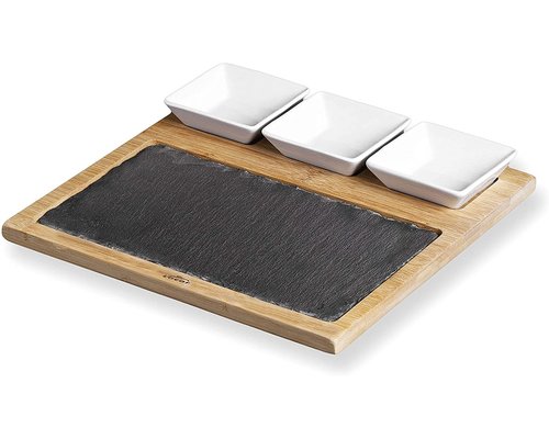 M&T Planche ardoise & bambou avec 3 pots céramique pour sauce