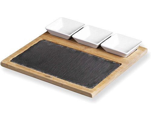 M & T  Planche ardoise & bambou avec 3 pots céramique pour sauce