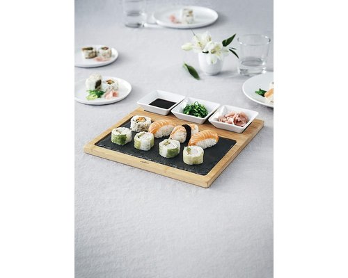 M & T  Slate and bamboo board with 3 ceramic bowls for sauce