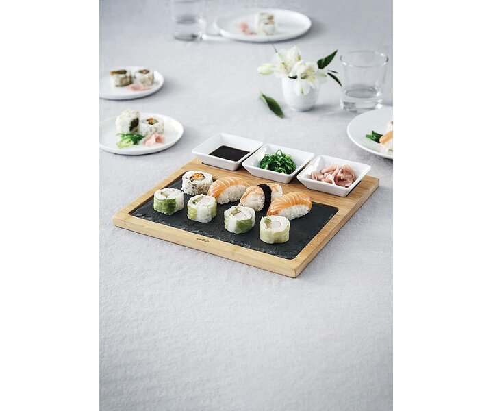 M&T Slate and bamboo board with 3 ceramic bowls for sauce