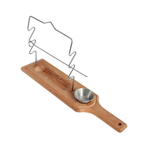 M & T  Support pour service de  3 brochettes inox planche en bois avec ravier à sauce inoxydable