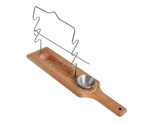 M & T  Support pour service de  3 brochettes inox planche en bois avec ravier à sauce inoxydable