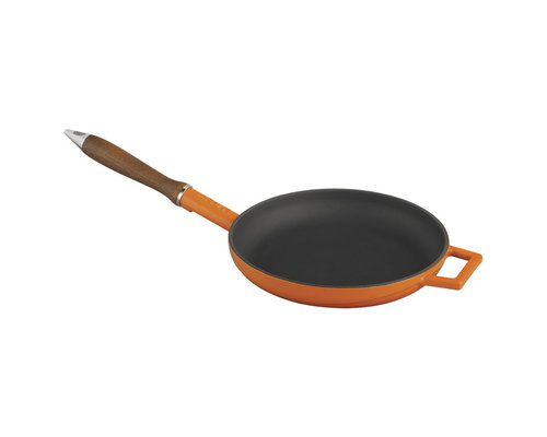 M & T  Braadpan 28 cm zwart/oranje gietijzer met houten handvat