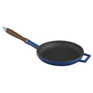 M & T  Frying pan 24 cm black/blue cast iron with wooden handle