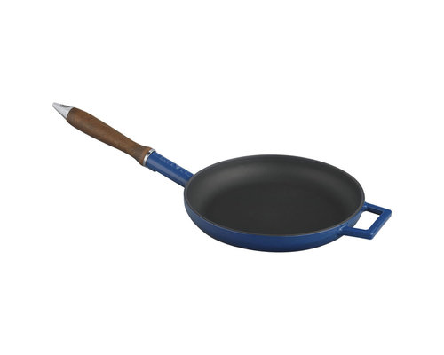 M & T  Braadpan 24 cm zwart/blauw gietijzer met houten handvat