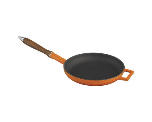 M & T  Frying pan 24 cm black/ornage cast iron with wooden handle
