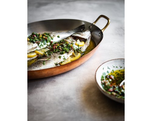 DE BUYER  Oval Chefs Fry Pans outside, copper 90 %  inside stainless steel 10 % Dim. 36 x 26 cm