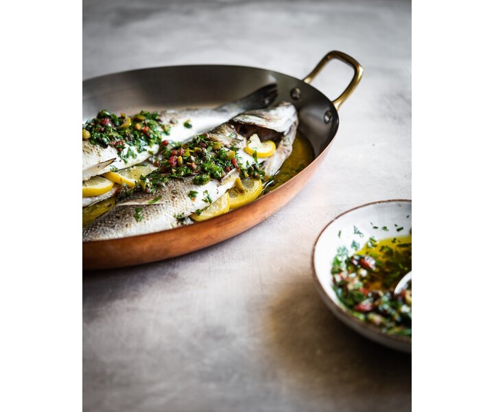 DE BUYER  Oval Chefs Fry Pans outside, copper 90 %  inside stainless steel 10 % Dim. 36 x 26 cm