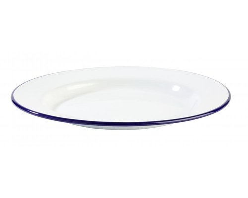 M & T  Assiette plate  24 cm acier émaillé blanche avec bord  couleur bleu