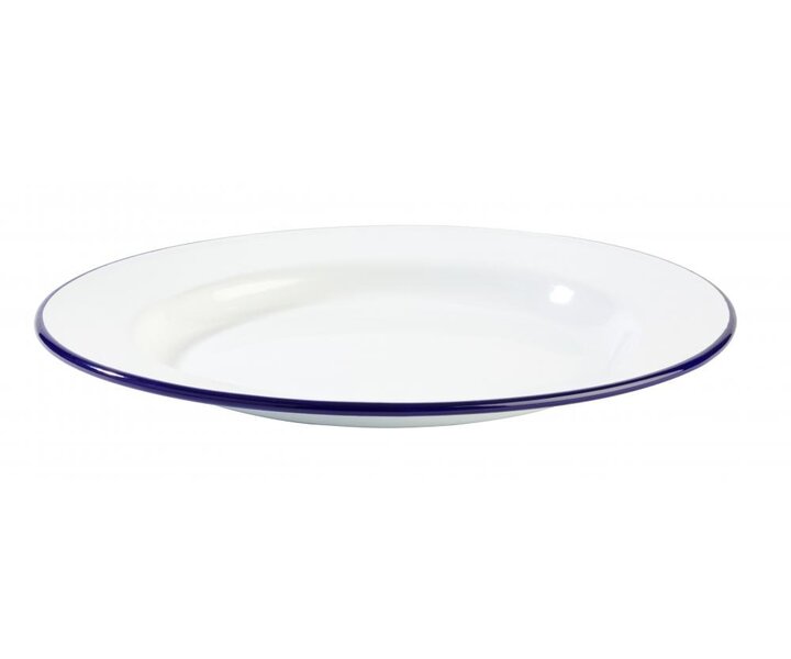 M&T Assiette plate  24 cm acier émaillé blanche avec bord  couleur bleu