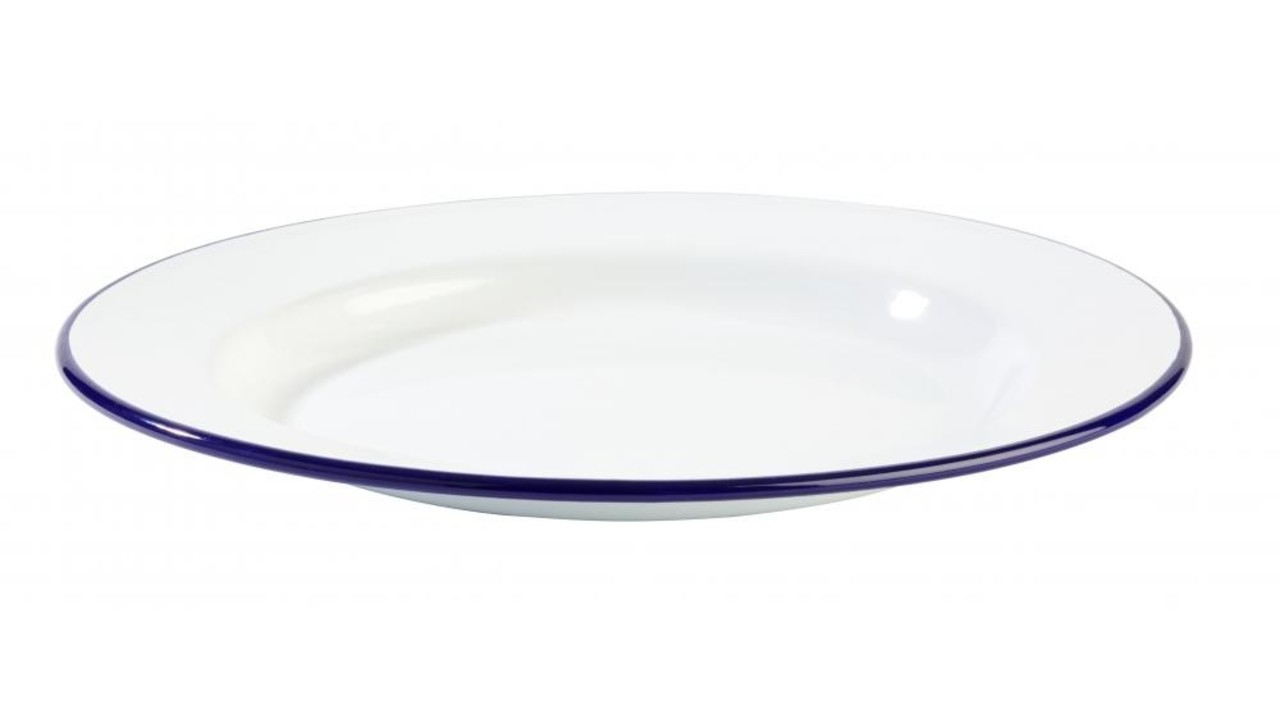 Assiette plate 20 cm acier émaillé blanche avec bord couleur bleu - M&T  International Hotel & Restaurant Supplies NV