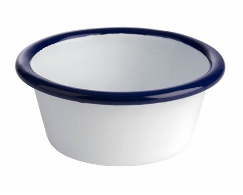 M & T  Sauce dish 8 cl  low shape white enamelled steel with blue edge