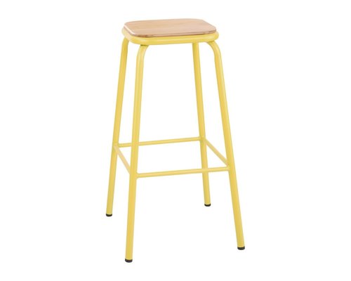 M & T  High stool with wooden seat pad yellow metal