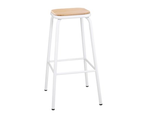 M & T  High stool with wooden seat pad white metal