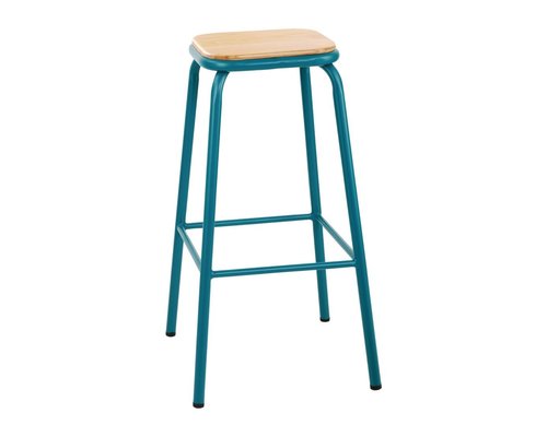 M & T  Tabourets hauts métal bleu azur avec assise en bois