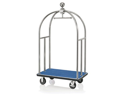 M & T  Bagage wagen " Bird cage " roestvrijstaal met blauw tapijt